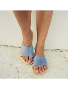 Grecian Sandals Blue Suede Leather Slides