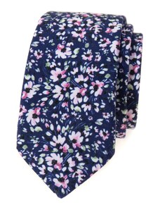 Avantgard Dunkelblaue schmale Krawatte mit rosa Blumen