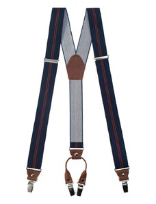 Avantgard Dunkelblaue Hosenträger mit Streifen, braunes Leder und Metallclips