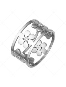 BALCANO - Clarissa / Spiegelglanzpolierter Edelstahl Ring mit Blumenmuster und Zirkonia Edelsteinen