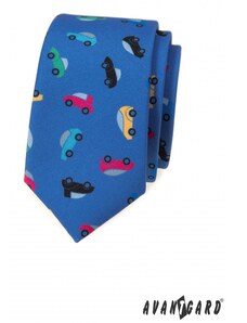 Avantgard Blaue schmale Krawatte mit bunten Spielzeugautos