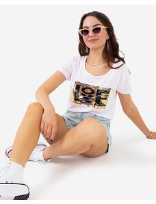 Mega-x Weißes Damen-T-Shirt mit Aufschrift und Pailletten - Kleidung - weiß