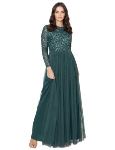 Maya Deluxe Damen Women's for Wedding Guest Plus Size Large Rich High Waist Sequins Long Sleeve Prom Evening Bridesmaid Dress, Emerald, 44 EU