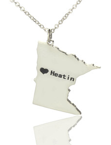 Personalisiertekette.De Benutzerdefinierte Minnesota State geformte Halsketten mit Herz Namen Silber