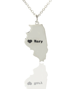 Personalisiertekette.De Personalisierte Illinois State geformte Halskette mit Herz Namen Silber