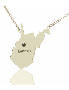 Personalisiertekette.De Individueller Staat West Virginia Shaped Halskette mit Herz Namen Silber