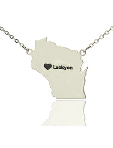 Personalisiertekette.De Individuelle Wisconsin State geformte Halskette mit Herz Namen Silber