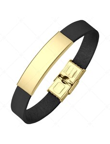 BALCANO - Schwarzes Leder Armband mit gravierbarem rechteckigen Kopfstück aus 18K vergoldetem Edelstahl