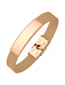 BALCANO - Hellbraunes Leder Armband mit gravierbarem rechteckigen Kopfstück aus 18K rosévergoldetem Edelstahl