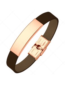 BALCANO - Dunkelbraunes Leder Armband mit gravierbarem rechteckigen Kopfstück aus 18K rosévergoldetem Edelstahl