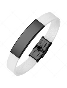 BALCANO - Weißes Leder armband mit gravierbarem Kopfstück aus Edelstahl mit schwarzer PVD-Beschichtung