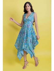 Aroop Chiffon Handkerchief Floral Dress - Blue
