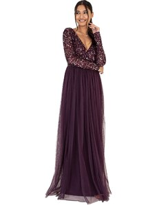 Maya Deluxe Damen Ladies Maxi For Women With Long Sleeves V Neckline Plunging Sequin Embellished For Wedding Gue Dress, Berry, 54 EU