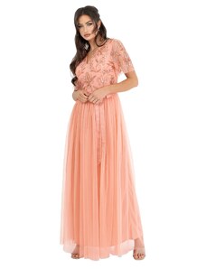 Maya Deluxe Damen Womens Maxi Dress Ladies Ball Gown for Wedding Guest Embellished Tie Waist V Neck Bridesmaid Prom Evening Occasion Kleid, Apricot Blush,
