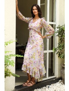 Aroop Sheer Floral Ruffle Maxi Dress - Blush