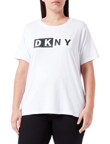DKNY Damen Split Logo Tee T Shirt, Weiß, L EU