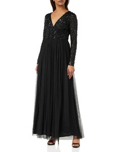Maya Deluxe Damen Womens Ladies Dress Sleeve for Wedding Guest V Neck High Empire Waist Maxi Long Length Evening Bridesmaid Prom Kleid, Black, 32