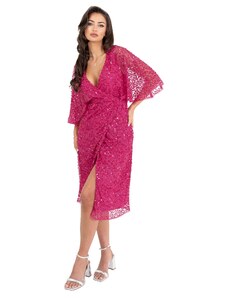 Maya Deluxe Damen Womens Midi Dress Ladies Sequin Embellished Cape Sleeve Wrap Dress for Wedding Guest Bridesmaid Cocktail Prom Evening Kleid, Fuchsia,