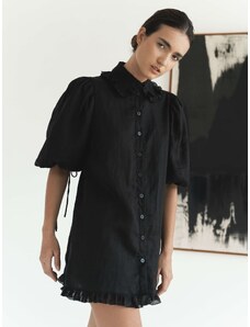 Luciee Ruffle Shirt Dress - Black Short Puff Sleeve