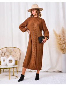 Italy Moda Royalfashion Türkisfarbenes langes Damen-Pulloverkleid - braun || camel