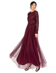 Maya Deluxe Women's Maxi Dress Ladies Crew Neck Long Sleeve Sequin Embellished Tulle Ruffle for Wedding Guest Bridesmaid Ball Gown, Red Berry, 42