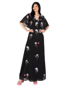 Maya Deluxe Women's Maxi Ladies Floral Embellished Wrap V Neckline Flutter Sleeve for Wedding Guest Occasion Prom Ball Gown Dress, Black, 46