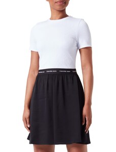 Calvin Klein Jeans Women's LOGO ELASTIC SHORT SLEEVE DRESS Fit & Flare Dresses, Bright White / Ck Black, S