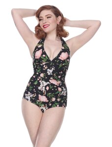 Bettie Page Swimwear Blossom One Piece Neckholder Badeanzug in Schwarz