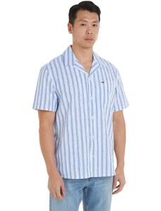Tommy Jeans Herren Hemd Linen Shirt Kurzarm, Mehrfarbig (Persian Blue Stripe), M