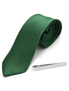 Trendhim Grün gepunktete Krawatte und silberfarbenes Krawattenhalter-Set