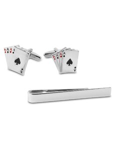 Trendhim Silberfarbener Poker-Krawattenhalter und Manschettenknöpfe