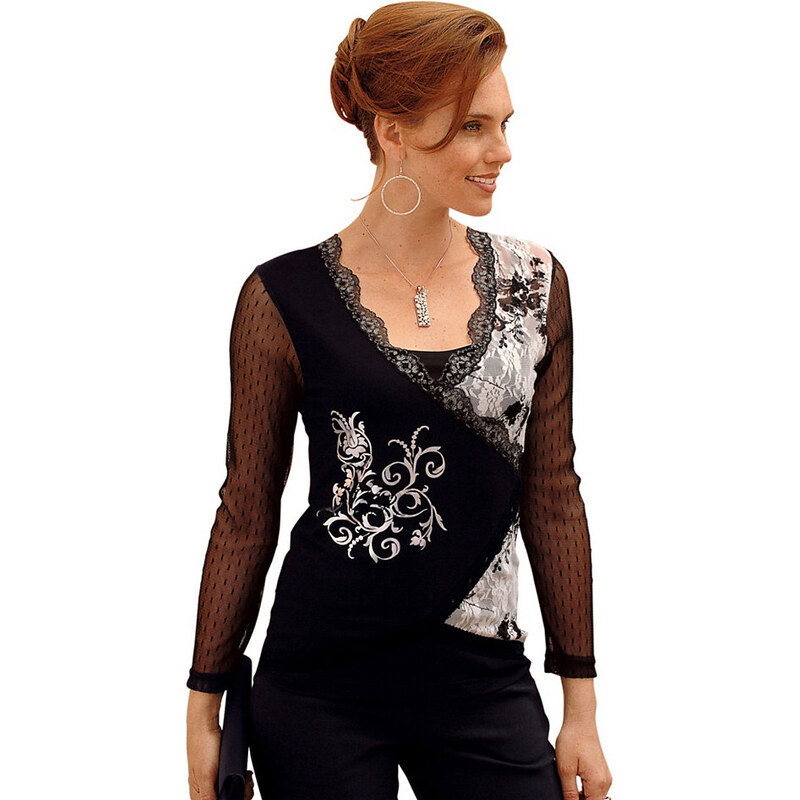 Damen Lady Shirt mit Blütendruck im Vorderteil LADY schwarz 36,38,40,42,44,46,48,50,52,54