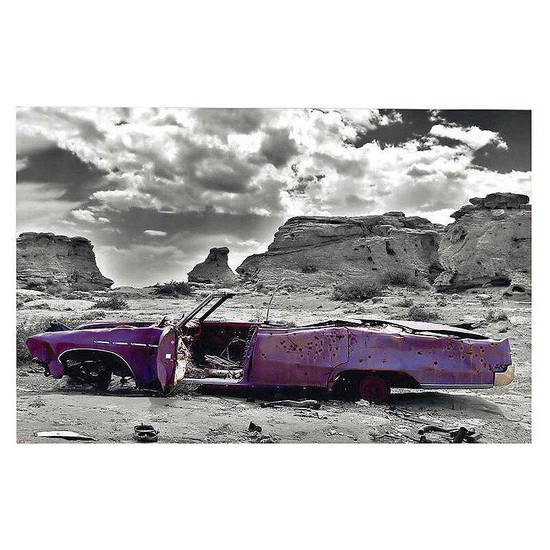 Wandbild Wrecked Cadillac 90/60 cm PREMIUM PICTURE lila