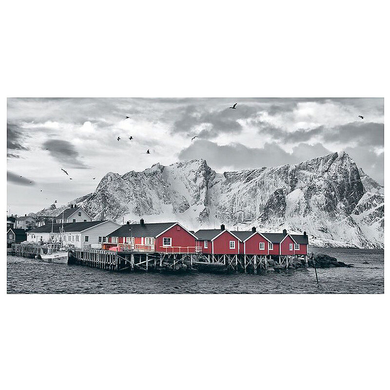 Wandbild Lofoten Reine mit roten Hütten PREMIUM PICTURE grau