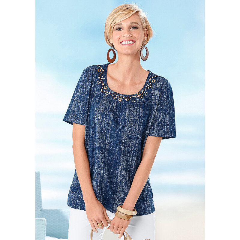 CLASSIC BASICS Damen Classic Basics Shirt mit dekorativen Holzperlen blau 40,42,44,46,48,50