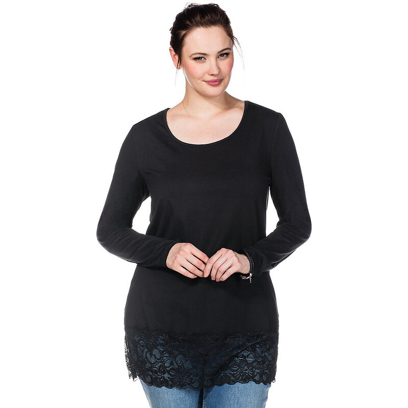 Damen Casual BASIC Longshirt mit Spitze SHEEGO CASUAL schwarz 40/42,44/46,48/50,52/54,56/58