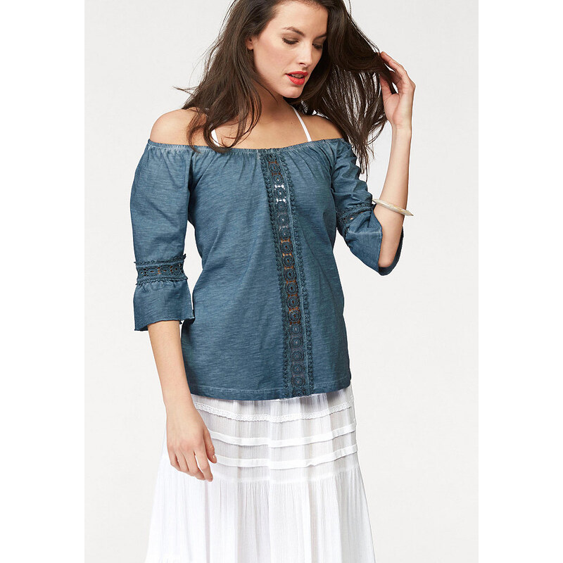 Damen Damenshirt Used-Waschung Carmenausschnitt - cold shoulder Aniston blau 34,36,38,42