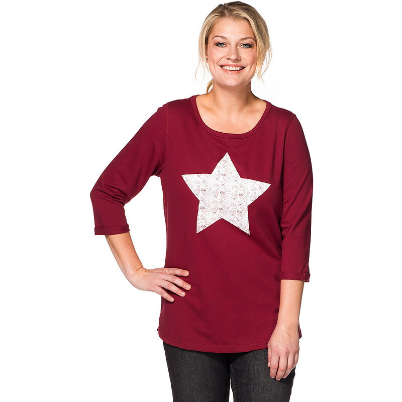 SHEEGO CASUAL Damen Casual Sweatshirt mit Frontdruck in Spitzenoptik rot 40/42,44/46,48/50
