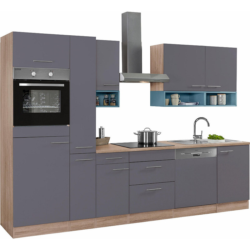 Küchenzeile mit E-Geräten Korfu Breite 300 cm OPTIFIT grau
