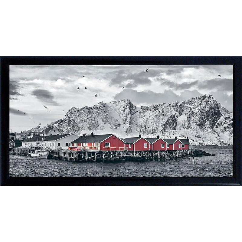 PREMIUM PICTURE Schattenfugenbild Holzhäuser vor Bergen 100/50 cm weiß