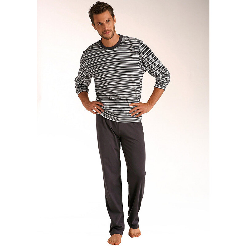 Le Jogger Pyjama in langer Form Oberteil mit gedruckten Streifen aus reiner Baumwolle grau 44/46,48/50,52/54,56/58,60/62