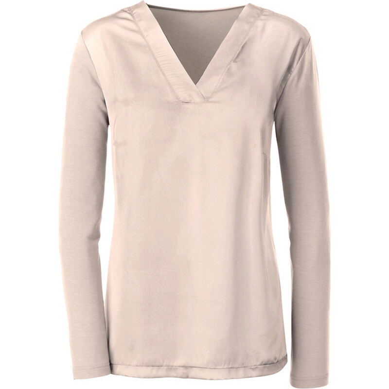 Ambria Damen Shirt mit Vorderteil aus feinem Satin braun 38,40,42,44,46,48,50,52