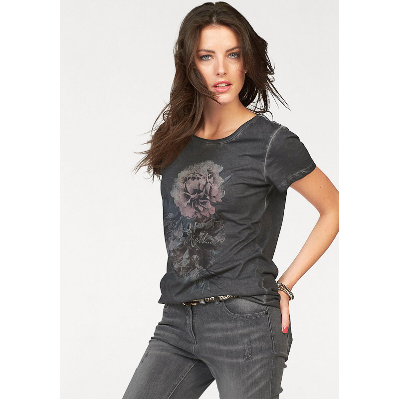 Aniston Damen T-Shirt Used-Look Frontdruck mit Glitzer-Effekt grau 34,36,38,40,42,44,46