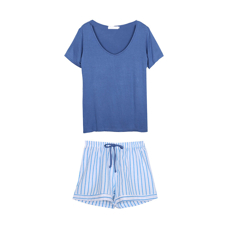 Lesara Kurzer Schlafanzug mit gestreiften Shorts - Blau - M