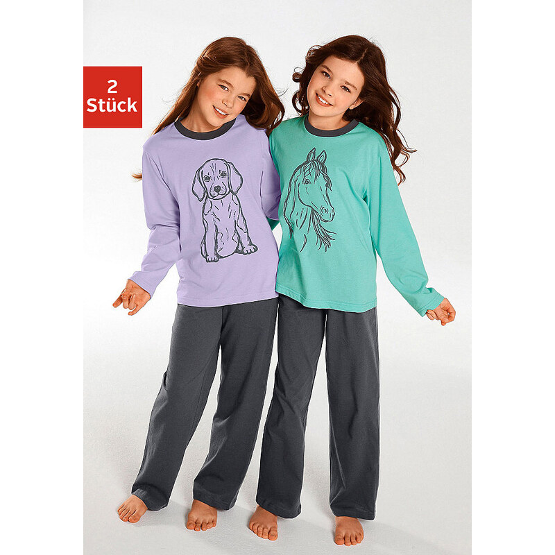 Pyjama (2 Stück) Oberteile in schönen Farben mit Tierdruck Baur Farb-Set 110/116,122/128,134/140,146/152,158/164,170/176,98/104