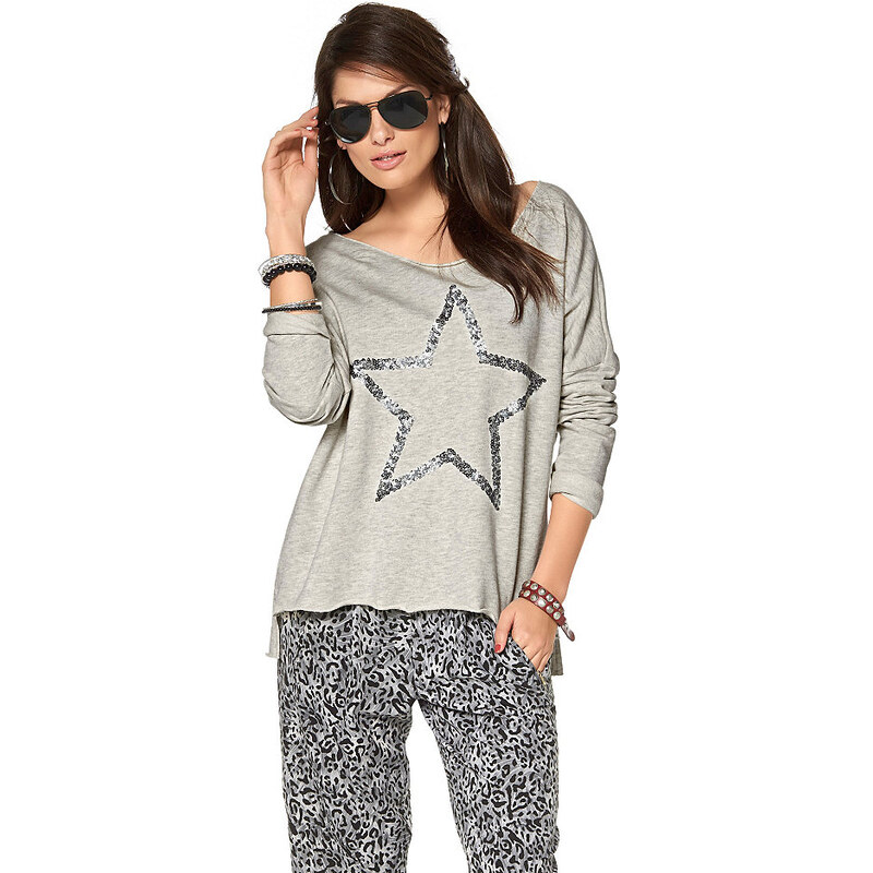 Aniston Damen Sweatshirt Oversized mit Stern aus Pailletten grau 38,40,42,44