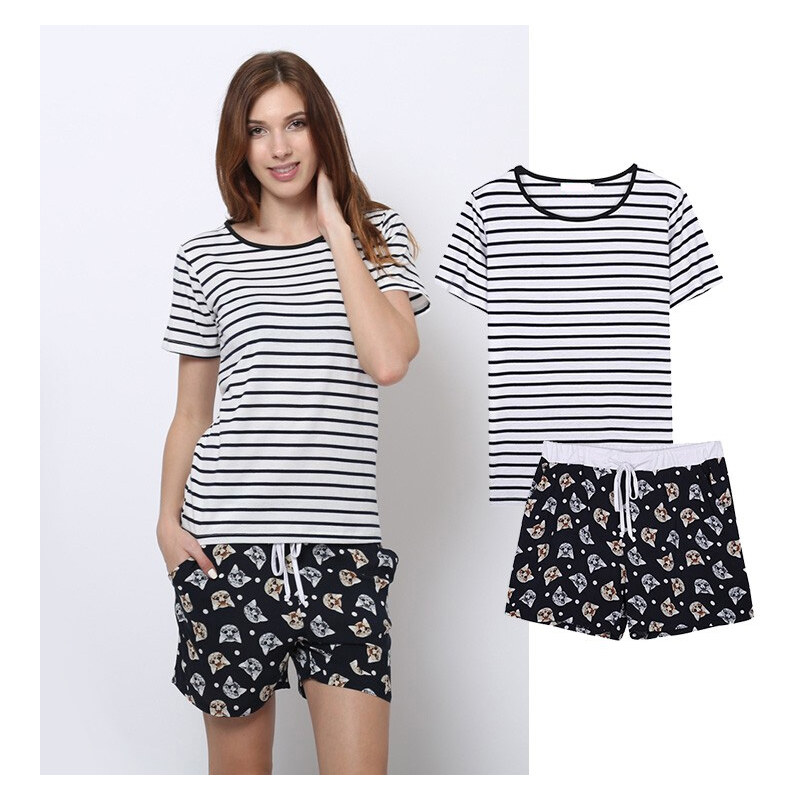 Lesara 2-teiliges Schlafanzug-Set T-Shirt & Shorts Katze - L