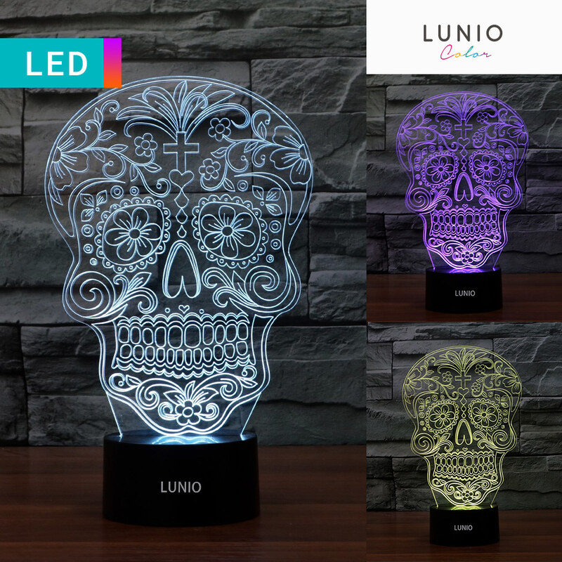 Lunio Color LED-3D-Lampe Illusion Totenkopf floral