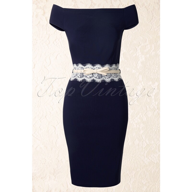 Paper Dolls Bardot Off Shoulder Pencil Dress in Navy and Cream