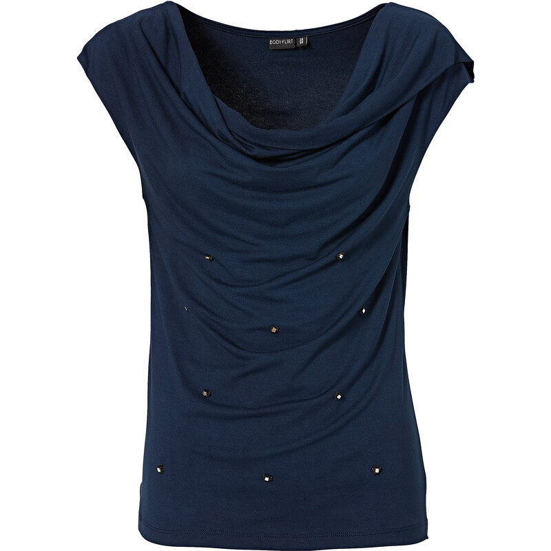 BODYFLIRT Shirt kurzer Arm in blau (Wasserfall-Ausschnitt) für Damen von bonprix